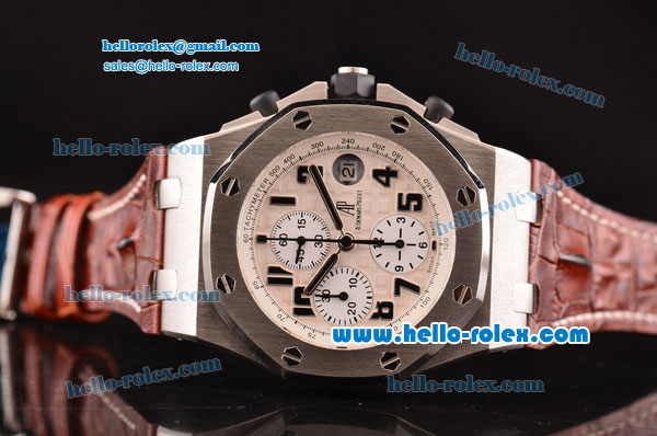 Audemars Piguet Royal Oak Offshore Chronograph Swiss Valjoux 7750-SHG Automatic Steel Case with White Dial and Brown Leather Strap-Run 12@Sec - Click Image to Close